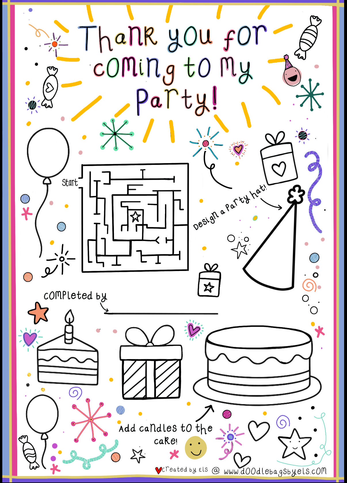 Party Doodles – Thank You Activity Cards inc colouring pencils (10 pack)