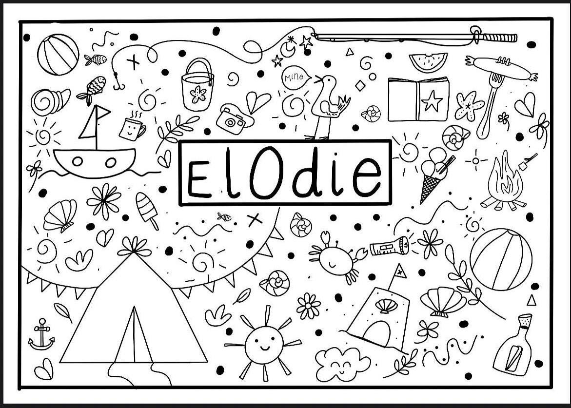 Camping and beach themed colouring in sheet